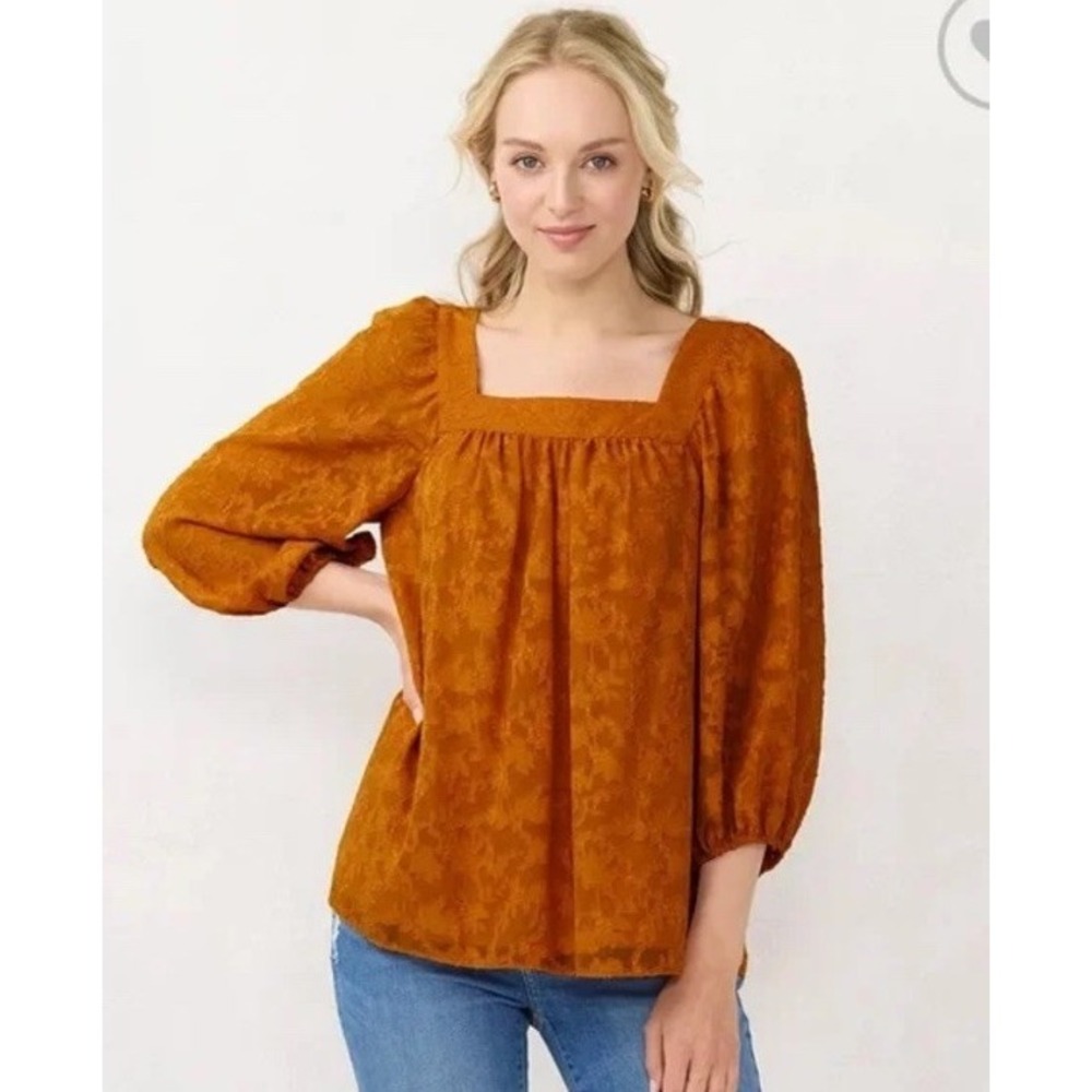 Lauren Conrad Burnt Orange Lace Lined Blouse Size XS Square Neck Boho